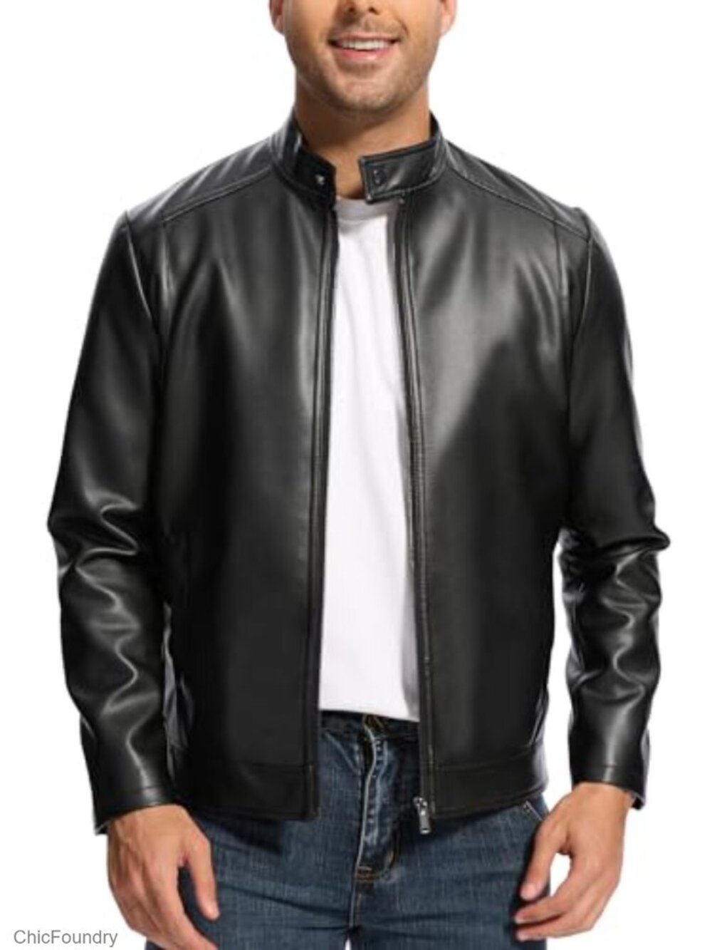 Faux Leather Motorcycle Bomber Jacket Men's Slim Fit Stand Collar